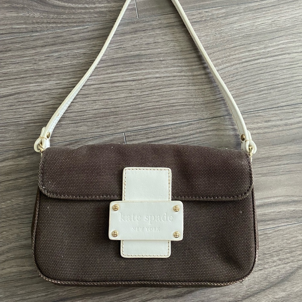 KATE SPADE vintage brown and white handbag,navy blue and gold interior, used